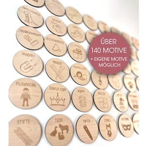 Über 140 Motive (1): Kinderzimmer Organisation mit Holzetiketten für z.B. Trofast-Regal mit Motiven & Schrift - individuelle Motive möglich