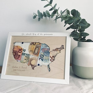 Geldgeschenk USA / Geldgeschenk Amerika / USA -Karte für Banknoten, Geschenk Flitterwochen - Personalisiert mit Namen
