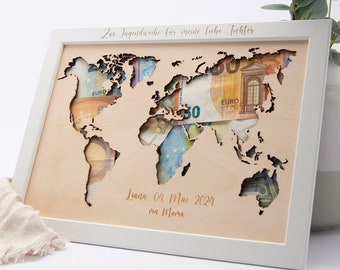 Personalized gift idea: money gift world map / money gift for youth consecration / money gift for confirmation / money gift travel