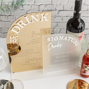 Bar Schild Lets Drink und Signature Drinks / aus Spiegel Acryl und Milchglas Acryl - Barkarte Hochzeit / Barschild für Hochzeit