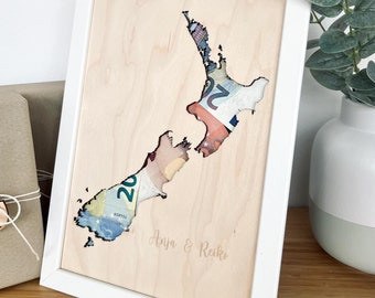Cash gift travel New Zealand map for wedding, birthday or world trip, world trip cash gift, wedding gift travel
