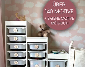 Über 70 Motive (1): Kinderzimmer Organisation mit Holzetiketten für z.B. Ikea Trofast mit Motiven & Schrift - individuelle Motive möglich