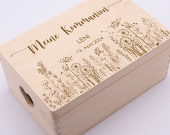 Erinnerungsbox Kommunion / Erinnerungskiste Jugendweihe / Erinnerungsbox Konfirmation mit Blumenmotiv / Holzbox personalisiert
