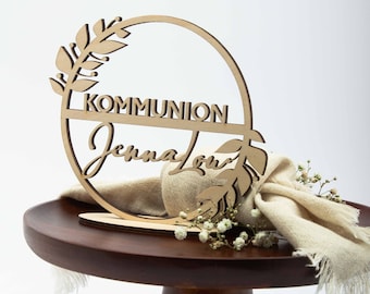 Stand-up wooden wreath communion with date and name / decoration for communion / communion decoration / decorative idea wooden wreath with flowers