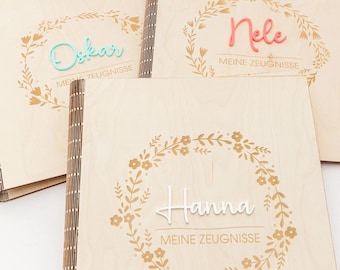 Houten rapportmap met bloemenpatroon, gepersonaliseerde map voor rapporten, cadeau voor schoolkinderen aan het begin van het schooljaar, A4 rapportmap met insteekhoezen