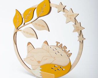 Wooden fox night light wall lamp with indirect lighting / Fox lamp with name and birth details / Gift for a newborn