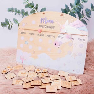 SET BASE - Piano settimanale con unicorno per bambini in legno con 7 schede attività, piano di routine per bambini con stampa UV / routine settimanale