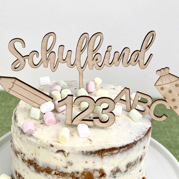 Cake Topper Einschulung / Schulkind mit Name möglich und ABC, 123, Zuckertüte, Stift, Bienchen, Deko Schuleinführung, Schulkind