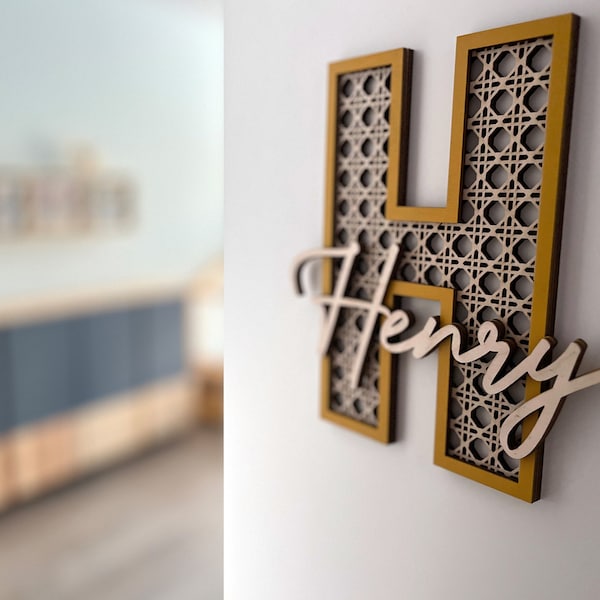 Children's room wooden door sign and wall decoration with wooden rattan letter - name boy, name girl in many colors, large rattan letter