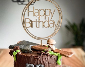 Cake Topper aus Holz Happy Birthday rund