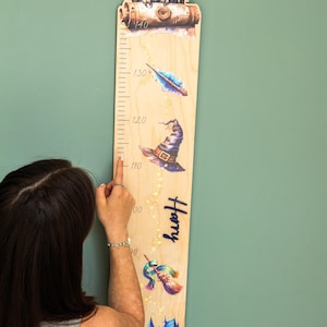 Wooden magician height chart with name / gift for birth / wooden height chart with magic motifs / personalized children&#39;s room height chart