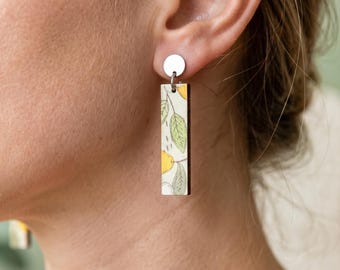 Pear Statement Earrings in Wood – Summery Jewelry with Pears and Blossoms made of Birch Wood with Stainless Steel Posts