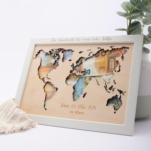 Geschenkidee personalisiert: Geldgeschenk Weltkarte / Geldgeschenk zur Jugendweihe / Geldgeschenk zur Konfirmation / Geldgeschenk Reise