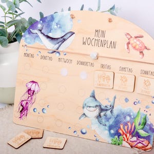 CONJUNTO BÁSICO - Plano semanal com animais marinhos para crianças feito de madeira com 7 cartões de atividades, plano de rotina para crianças com impressão UV / Subaquático