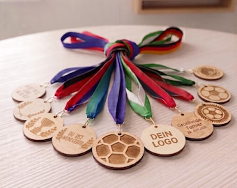 Personalized wooden sports medals | Individual tournament medal with club logo | Children's football award with engraving