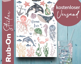 Rub-on sticker sheet with sea creatures | Stickers with whale and jellyfish | Scratch-resistant designs for casting powder, bottles, mugs and much more.