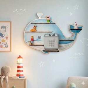 Étagère murale artisanale pour 24 figurines Toniebox avec station de recharge | Rangement sur le thème nautique pour figurines Toniebox et Toniebox 1 ou 2 | Cadeau de baptême