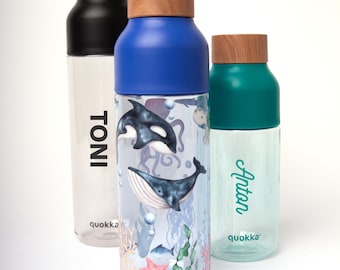 Personalisierte Trinkflasche mit Namen | Wasserflasche mit Meerestieren | Quokka Flasche personalisiert mit Wal, Qualle und Schildkröte