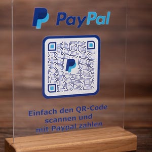 Paypal me Aufsteller aus Acryl mit Holzsockel