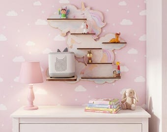 Handmade Tonie shelf with unicorn design for girls – wooden wall shelf for 28 Tonies with base station | Organizer for Toniebox 1 and 2