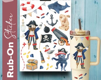 Rub-on sticker sheet with pirates | Stickers with treasure chest and shark | Scratch-resistant motifs for casting powder, bottles, mugs and much more.