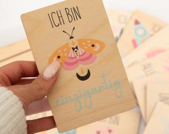Affirmationskarten für Kinder aus Holz mit Echtholzsockel /  Kinder Mutmachkarten / Ermutigung Achtsamkeit Selbstliebe / 15 Karten + Ständer