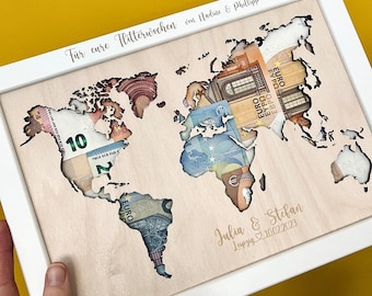 Wooden World Map Picture - Personalized Wooden Money Gift for Weddings & Birthdays | Wish-Fulfilling Frame with Name - Handmade