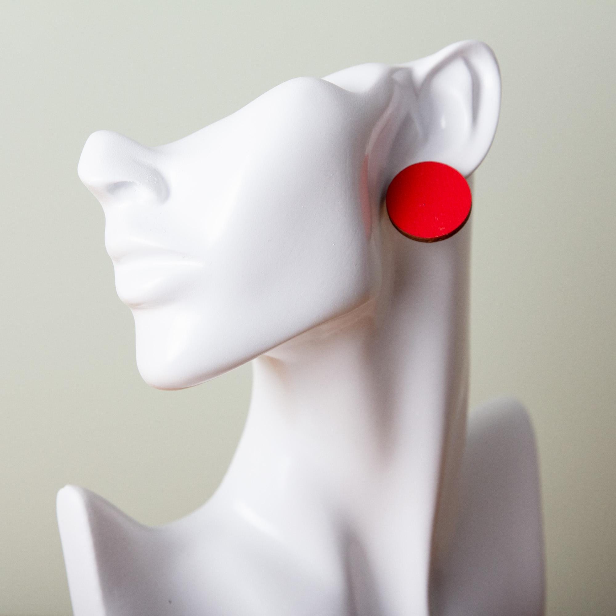 Red statement earrings made of wood - Geometric stud earrings in 6 shapes - Handmade wooden accessories - Made in Leipzig