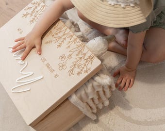 Personalized baby keepsake box with name & birth details – wooden keepsake box with floral pattern for birth announcements