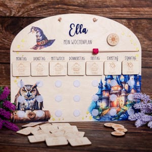 SET BÁSICO Plan semanal con mago para niños de madera con 7 tarjetas de actividades, plan de rutina para niños, rutina semanal infantil / con 33 puntos adhesivos