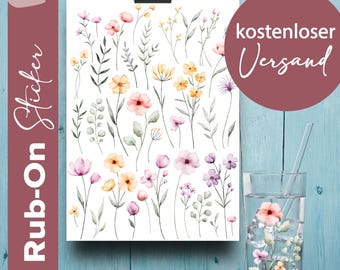 Rub-on sticker sheet with a delicate flower meadow | Stickers with wildflowers | Scratch-resistant designs for casting powder, bottles, mugs, and much more.