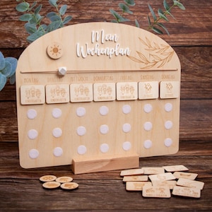 SET BÁSICO CON SOPORTE - Plan semanal con hierbas para niños de madera con 7 tarjetas de actividades, plan de rutina semanal infantil/ con puntos adhesivos