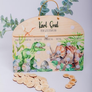 CONJUNTO BÁSICO Plano semanal Dinos (colorido) para crianças em madeira com 7 cartões de atividades, plano de rotina para crianças, rotina semanal infantil / com pontos adesivos