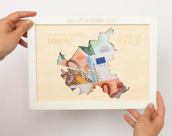 Gutschein Städtereise nach Hamburg / Holzbild mit Hamburg Sillhouette zum Verschenken mit persönlicher Widmung, gemeinsame Zeit verschenken