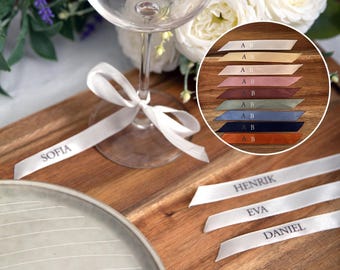 Seat name on ribbon / Wedding place card / Ribbon on glass with name / Wedding decoration / Printed satin ribbon