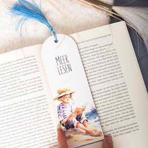 Bookmark &quot;Reading the Sea&quot; / Wooden bookmark with colored print and colored ribbon / Gift idea for bookworms / Maritime bookmark