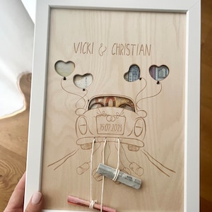Geldgeschenk zur Hochzeit - Hochzeitsauto Dosen mit Gravur der Namen des Brautpaares und des Hochzeitstages - Flitterwochen Geldgeschenk