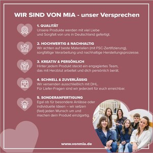 May include: A maroon graphic with white text and icons. The text reads "WIR SIND VON MIA - unser Versprechen" and lists five promises: Quality, High-Quality & Sustainable, Creative & Personal, Fast & Reliable, and Customization. A group of people is pictured at the bottom.