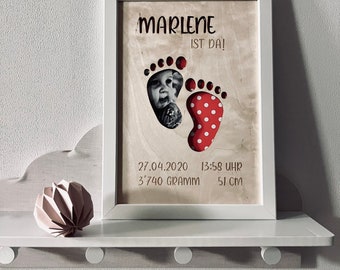 Money gift for birth personalized / wood picture baby feet