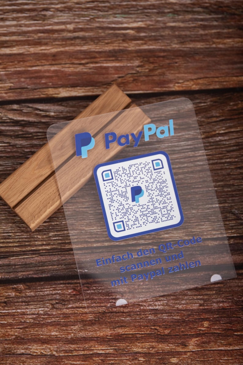 Paypal me Aufsteller aus Acryl mit Holzsockel