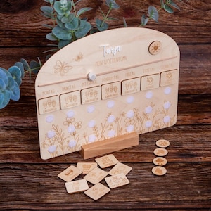 Piano settimanale con motivo floreale con base in legno / SET BASE con 7 schede attività / Piano di routine per bambini / Routine settimanale / con 33 punti adesivi