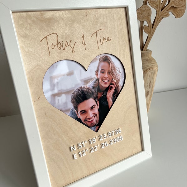 From the heart: picture with coordinates made of wood for a couple photo and name engraving - gift idea for a wedding, Valentine's Day or anniversary