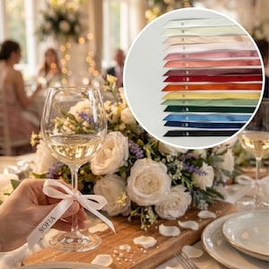 Nom de la place sur ruban / Marque-place / Ruban sur verre avec nom / Décoration de mariage / Ruban de satin imprimé