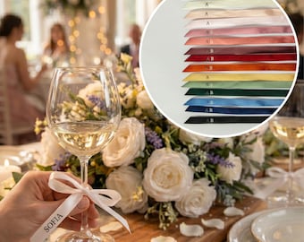 Sitzplatz Name auf Band / Platzkarte zur Hochzeit / Schleife am Glas mit Name / Hochzeitsdeko / 40 cm bedrucktes Satin Band