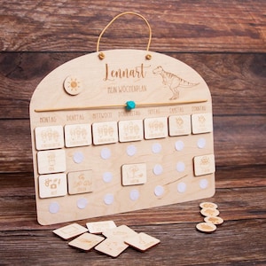 BASISSET Wochenplan mit Dino für Kinder aus Holz mit 7 Aktivitätskarten, Routineplan Kinder Wochentage, Wochenroutine/mit 33 Klebepunkten