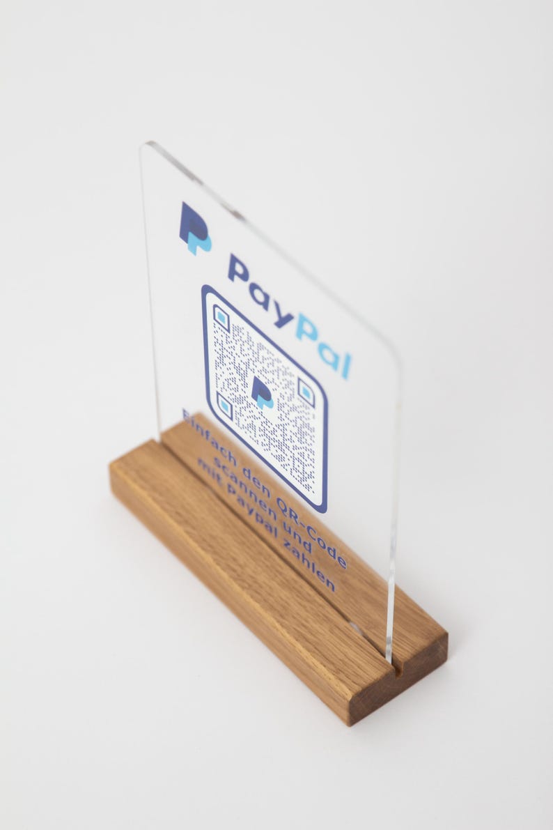 Paypal me Aufsteller aus Acryl mit Holzsockel