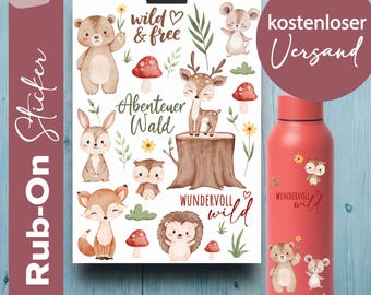 Rub-on sticker sheet with woodland animals | Stickers with fox, hedgehog and deer | Scratch-resistant designs for casting powder, bottles, mugs and much more.