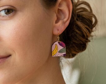 Banana statement earrings made of wood – Summery jewelry with bananas and leaves made of birch wood with stainless steel posts
