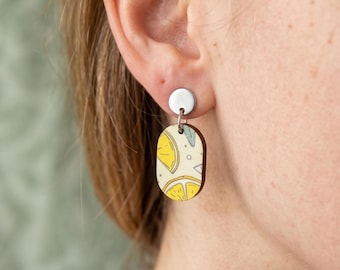 Lemon statement earrings made of wood – Lemon Fresh – Summery jewelry with citrus fruits made of birch wood with stainless steel posts