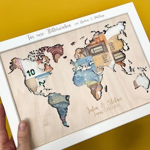 Geschenkidee personalisiert: Geldgeschenk Weltkarte zur Hochzeit oder zum Geburtstag / Weltkarte Hochzeit / Geldgeschenk Reise